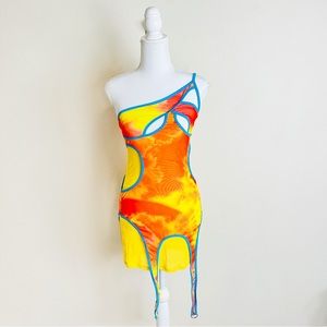 Orange & Yellow Tie Dye Mesh Asymmetrical Garter Strappy Mini Dress